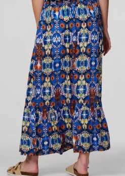 Izabel London Blue Printed Shirred High Waist Maxi Skirt