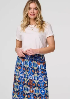 Izabel London Blue Printed Shirred High Waist Maxi Skirt