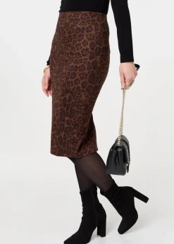 Izabel London Brown Animal Print Knee Length Pencil Skirt