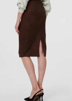 Izabel London Brown Faux Suede Knee Length Pencil Skirt