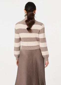 Izabel London Brown Striped High Neck Pleat Knit Maxi Dress