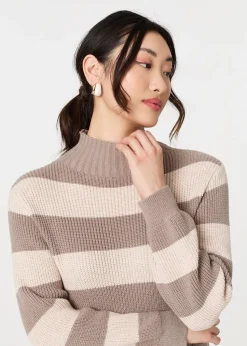 Izabel London Brown Striped High Neck Pleat Knit Maxi Dress