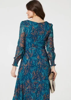 Izabel London Green Abstract Long Sheer Sleeve Maxi Dress