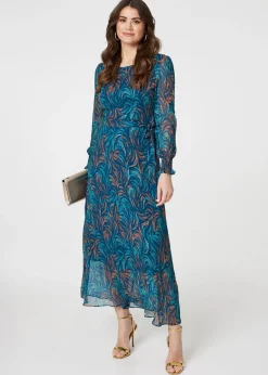 Izabel London Green Abstract Long Sheer Sleeve Maxi Dress