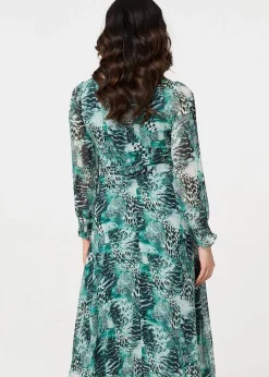 Izabel London Green Animal Print Semi Sheer Maxi Dress