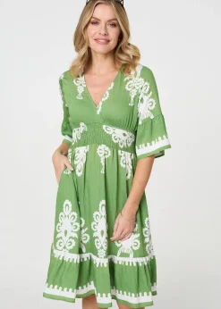 Izabel London Green Ikat Print Relaxed Short Dress