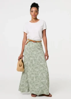 Izabel London Green Leaf Print Belt Detail Maxi Skirt