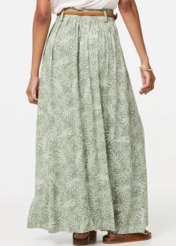 Izabel London Green Leaf Print Belt Detail Maxi Skirt