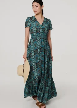 Izabel London Green Mosaic Print Short Sleeve Smock Maxi Dress
