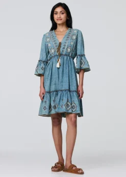 Izabel London Indigo Embroidered Tassel Detail Knee Length Dress
