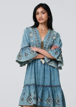 Izabel London Indigo Embroidered Tassel Detail Knee Length Dress