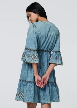 Izabel London Indigo Embroidered Tassel Detail Knee Length Dress