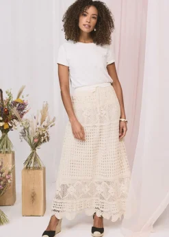 Izabel London Ivory Mesh Crochet Texture Tie Waist Midi Skirt