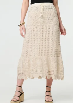Izabel London Ivory Mesh Crochet Texture Tie Waist Midi Skirt