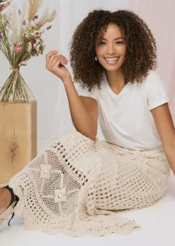 Izabel London Ivory Mesh Crochet Texture Tie Waist Midi Skirt