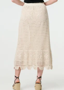 Izabel London Ivory Mesh Crochet Texture Tie Waist Midi Skirt