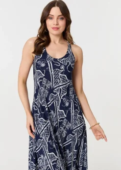 Izabel London Navy Abstract Sleeveless Swing Maxi Dress