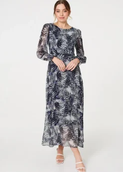 Izabel London Navy Animal Print Semi Sheer Maxi Dress