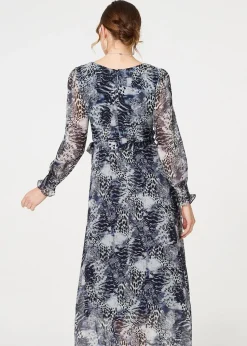 Izabel London Navy Animal Print Semi Sheer Maxi Dress