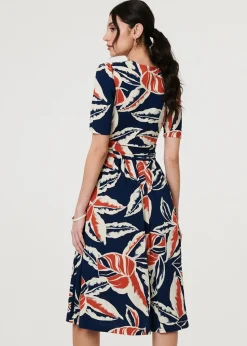 Izabel London Navy Floral V-Neck Pleated Midi Wrap Dress