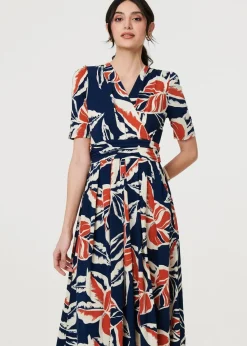 Izabel London Navy Floral V-Neck Pleated Midi Wrap Dress