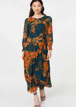 Izabel London Orange Floral Semi Sheer Tie Waist Maxi Dress