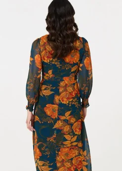 Izabel London Orange Floral Semi Sheer Tie Waist Maxi Dress