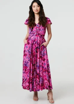 Izabel London Pink Abstract Ruched Waist Cap Sleeve Maxi Dress