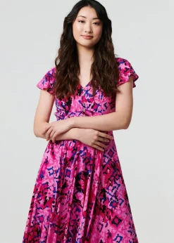 Izabel London Pink Abstract Ruched Waist Cap Sleeve Maxi Dress