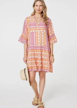 Izabel London Pink Aztec Print V-Neck Short Dress