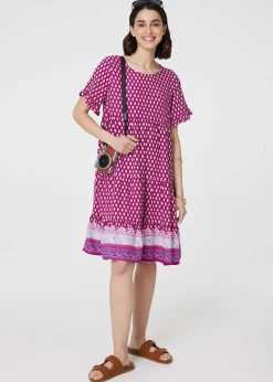 Izabel London Pink Printed Short Sleeve Tiered Smock Dress