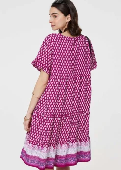 Izabel London Pink Printed Short Sleeve Tiered Smock Dress