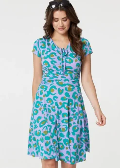 Izabel London Purple Animal Print Ruched Front Jersey Dress