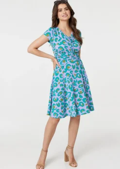 Izabel London Purple Animal Print Ruched Front Jersey Dress