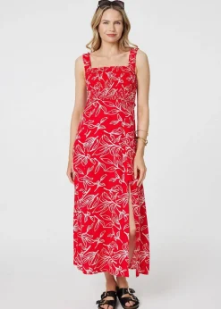 Izabel London Red Floral Square Neck Midi Sun Dress