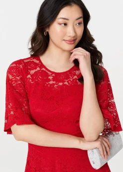 Izabel London Red Lace Overlay Knee Length Skater Dress