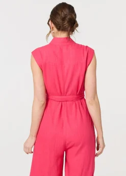 Izabel London Red Sleeveless Tie Waist Button-Up Jumpsuit