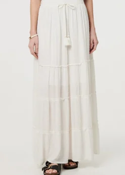 Izabel London White Textured High Waist Tiered Maxi Skirt