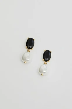 Jon Richard Gold Plated Cubic Zirconia Jet Stone And Pearl Drop Earrings