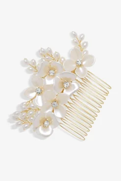 Jon Richard Gold Plated White Floral & Crystal Hair Comb