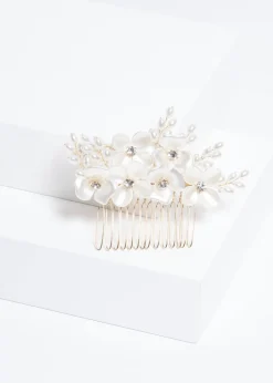 Jon Richard Gold Plated White Floral & Crystal Hair Comb