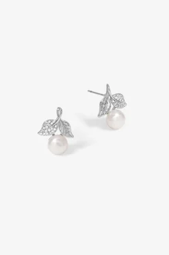 Jon Richard Rhodium Plated Leaf Cubic Zirconia & Pearl Earrings