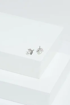 Jon Richard Rhodium Plated Leaf Cubic Zirconia & Pearl Earrings