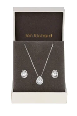 Jon Richard Rhodium Plated Cubic Zirconia Pear Stone Set - Gift Boxed