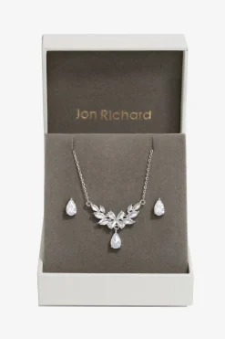 Jon Richard Rhodium Plated Cubic Zirconia Floral Set - Gift Box