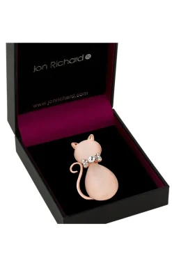 Jon Richard Rose Gold Pink Crystal Cat Brooch - Gift Boxed