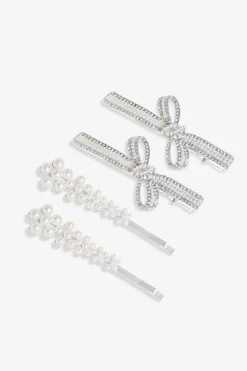 Jon Richard Silver Plated Pearl Bow & Floral Hair Slides Pack Of 4