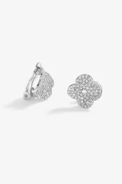 Jon Richard Silver Plated Cubic Zirconia Pave Clover Clip Earrings