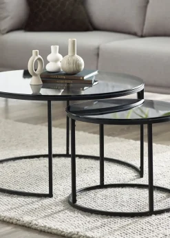 Julian Bowen Black Round Nesting Coffee Tables Smoked Glass (50 x 80 x 80cm)