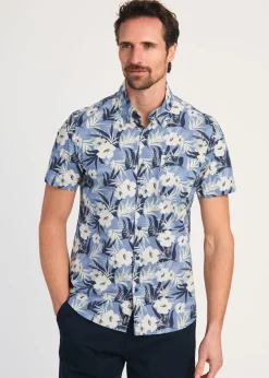 Kensington Eastside Blue Cotton Printed Poplin Short Sleeve Shirt